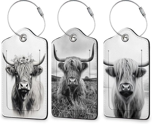 Black White Highland Cow Luggage Tags for Suitcase 3 Pack, Leather Bag Tags Identifiers with Privacy Name Address Labels and Durable Steel Loop for Men Women Backpack