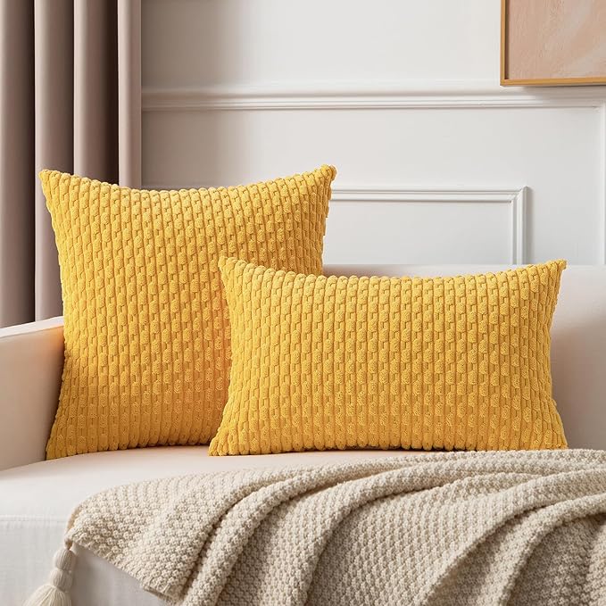Kevin Textile Pack of 2 Velvet Pillow Covers Striped Throw Cushion Case Set Accent Corduroy Lumbar Pillowcases with Hidden Zipper for Home Decor Indoor Outdoor (12x20 Inch Yellow)