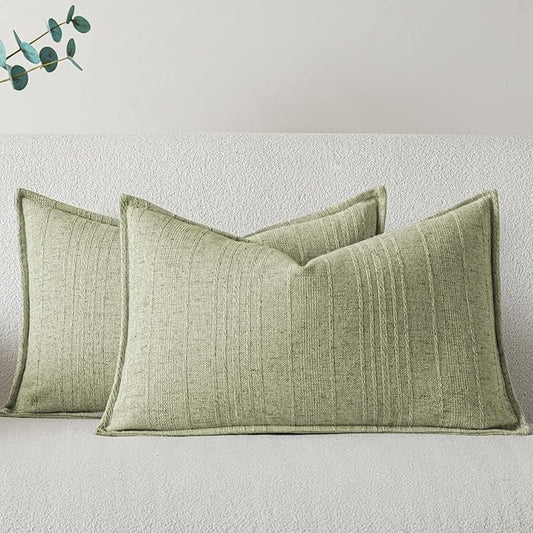 a moment Linen Pillow Covers Set of 2,Boho Farmhouse Throw Pillowcases Neutral Textured Decorative Covers for Couch Sofa,Linen Blend Accent Case Cushion Living Room Home Decor 20"x12"Seeding Green