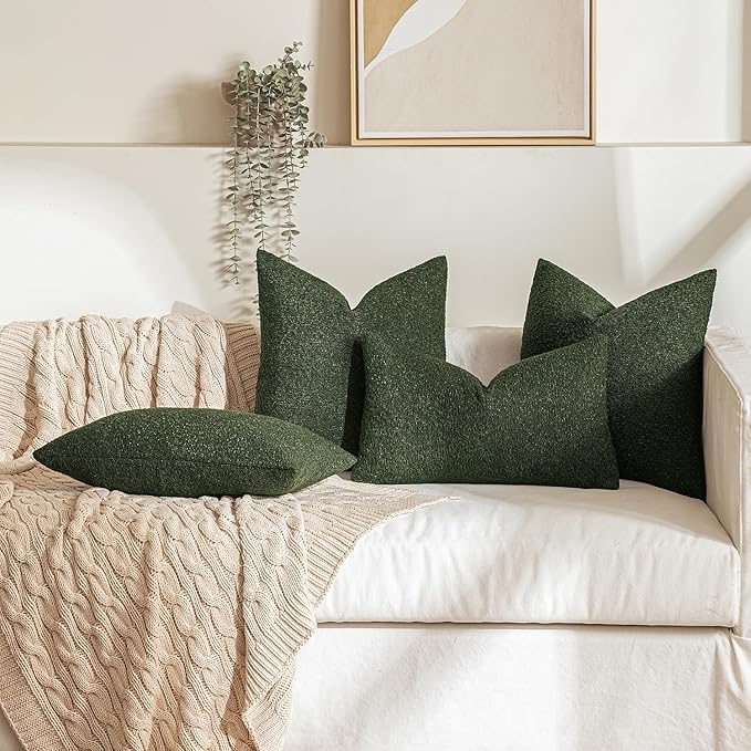 MIULEE 24x24 Christmas Decorative Euro Sham Throw Pillows for Bed Set of 2 Textured Boucle Neutral Winter Throw Pillow Covers Dark Green Accent Solid Couch Pillowcase Sofa Livingroom Home Decor