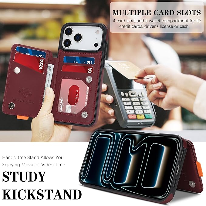 GUERNICA for iPhone 17 Pro (6.3") Case Wallet with Card Holder, RFID Blocking Leather Protection, Shockproof Women Men Phone Case for Apple 17 Pro, Wine Red