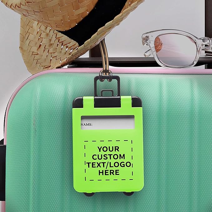 100 Mini Carry-on Luggage Tags Pack - Customizable Text, Logo - Flip Open Cover, ID Sticker - Lime Green