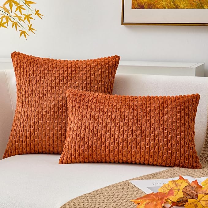 Kevin Textile Fall Pack of 2 Corduroy Decorative Throw Pillow Covers 22x22 Inch Soft Boho Striped Pillow Covers Modern Farmhouse Home Decor for Sofa Living Room Couch Bed Rust