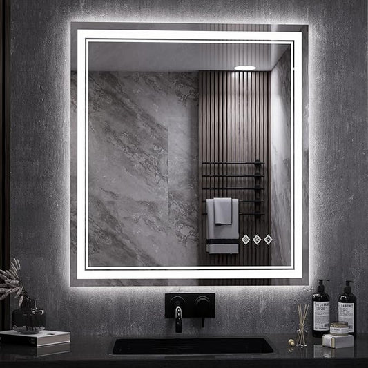 LED Bathroom Mirror, 28x32 Inch Gradient Front and Backlit LED Vanity Mirror, 3 Colors Dimmable CRI>90 Double Lights, IP54 Enhanced Anti-Fog, Hanging Plates Wall Mount Backlit Mirror