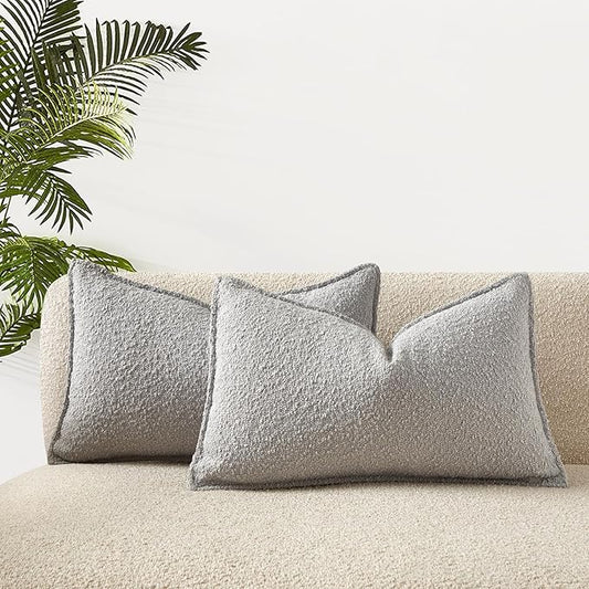 JUSPURBET 16x24 Throw Pillow Covers Set of 2 Decorative Pillow Covers for Couch Sofa Bed Cozy Boucle Textured Lumbar Cushion Covers Cases with Invisible Zipper for Living Room Home Decor,Silver Grey