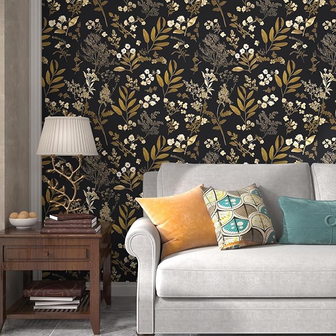 Black Gold Wallpaper Peel and Stick Dark Floral Wallpaper 17.5in x 118in Vintage Leaf Contact Paper Vinyl Waterproof Self Adhesive Boho Botanical Wall Paper for Bedroom Cabinet Décor