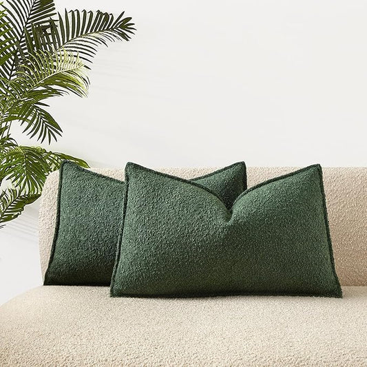 JUSPURBET Green Decorative Pillow Covers 12x20 Set of 2 Throw Pillow Covers for Couch Sofa Bed Cozy Boucle Textured Lumbar Cushion Covers Cases with Hidden Zipper for Living Room Home Decor