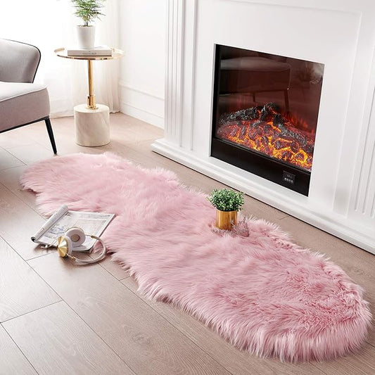 SERISSA Ultra Soft Fluffy Pink Faux Sheepskin Fur Shaggy Couch Cover Furry Carpet for Kids Room Fuzzy Plush Rug for Bedroom Living Room Runner, 2x6 Feet (Sheepskin Shape,Pink)