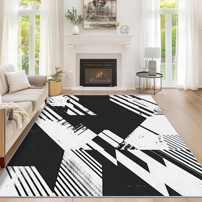 Black and White Rugs for Home Decor, 6x9 ft, Abstract Geometric Area Rugs for Living Room, Soft Non Slip Washable Modern Minimalist Carpet Bedroom Decorations Dt-Ghf-31