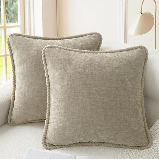 CaliTime Decorative Couch Throw Pillow Covers 16 X 16 Inches Pack of 2 Cozy Chenille Piping Edge Cushion Cases for Sofa Bed Living Room Home Light Taupe