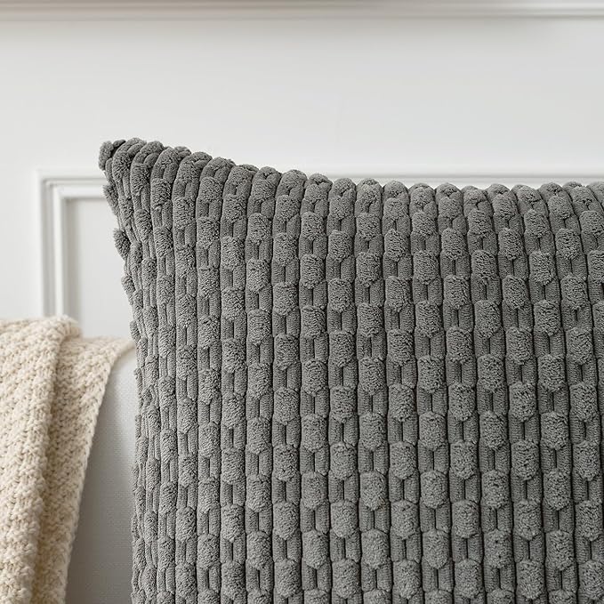 Kevin Textile Set of 2 Soft Striped Velvet Decorative Pillows Covers 16x16 Inch Boho Cushion Covers for Couch 40x40cm Dark Grey