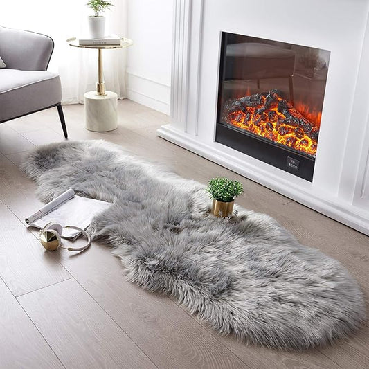 SERISSA Ultra Soft Fluffy Rug Grey Faux Sheepskin Fur Area Rug Shaggy Couch Cover Seat Cushion Gray Furry Carpet Beside Rugs for Bedroom Floor Sofa Living Room Runner 2x6 Feet Grey