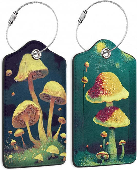Vintage Mushroom Luggage Tags,2 Pack Travel Cruise Tags for Suitcases, Cute Identifiers with Privacy Flap, Baggage Tags for Women Men Handbag