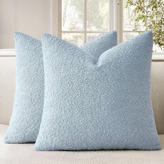 Woaboy Pack of 2 20x20 Inch Decorative Boucle Throw Pillow Covers Textured Square Pillowcaes Accent Solid Cozy Soft Cushion Covers Home Decor for Sofa Couch Living Room Home Decor,Coastal Light Blue