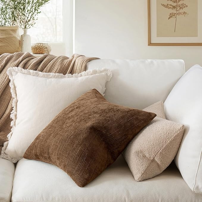 MIULEE Pack of 2 Decorative Throw Pillow Covers Soft Chenille Throw Pillows Solid Neutral Farmhouse Textured Cushion Covers for Couch Sofa Bedroom Living Room 24x24 Inch,Honey Brown
