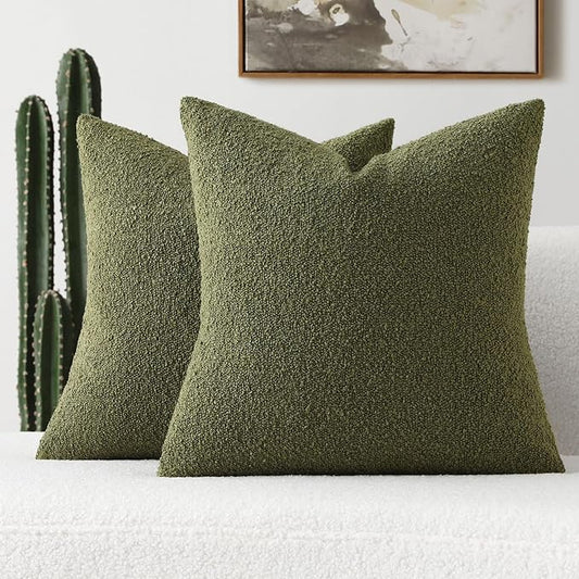 FUTEI Pack of 2 Moss Green Decorative Throw Pillow Covers 26x26 Inch Soft Cozy Solid Boucle Textured Euro Pillow Shams,Modern Home Decor for Couch Bed Living Room