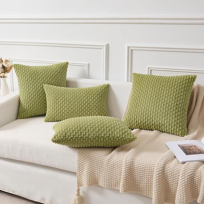 Kevin Textile Spring Decorative Pillow Covers Set of 2 Striped Plush Corduroy Pillows Pillowcases Boho Home Decor Cushion Covers for Couch Sofa Bed Living Room 18x18 Inch, Grass Green