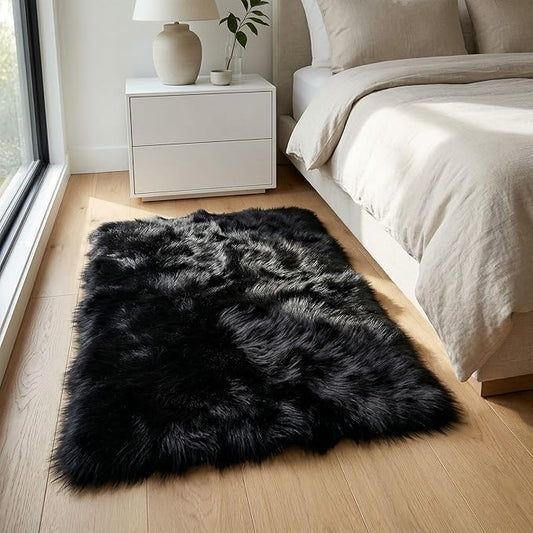 Super Area Rugs Ultra Soft & Fluffy Faux Sheepskin Rug, Black 2 x 3 Feet Carpet for Bedroom Living Room