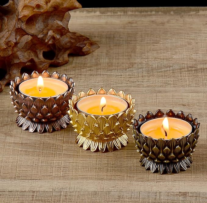 Lotus Flower Votive Tealight Candle Holder,Copper Buddhist Candlestick Holder,Tibetan Buddhist Water Offering Cup,Oil Lamp Holder for Meditation Buddha Altar with 4PCS Floating Canldes (Gold)