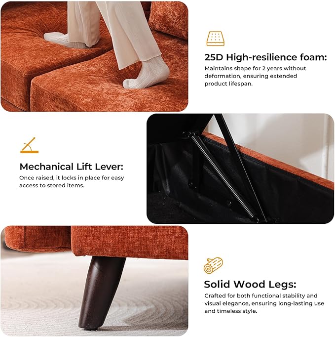 73'' Loveseat Sofa with Seats Storage, Modular Sectional Sofa with Movable Ottoman,Oversized Comfy Couches with Deep Seat,7.8'' Cushion,Couch for Living Room,Bedroom,Chenille,Orange