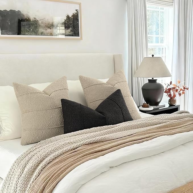 YCOLL Textured Boucle Throw Pillow Covers 18x18 Pack of 2 - Soft Neutral Striped Cushion Covers, Cozy Accent Decorative Pillow Covers for Couch, Sofa, Bed, Living Room (Oatmeal)