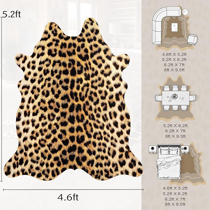 AROGAN Premium Leopard Print Rug 4.6x5.2 Feet, Faux Fur Cheetah Rug, Non-Slip Animal Print Hide Leopard Skin Area Rug for Bedroom Living Room Home Decor