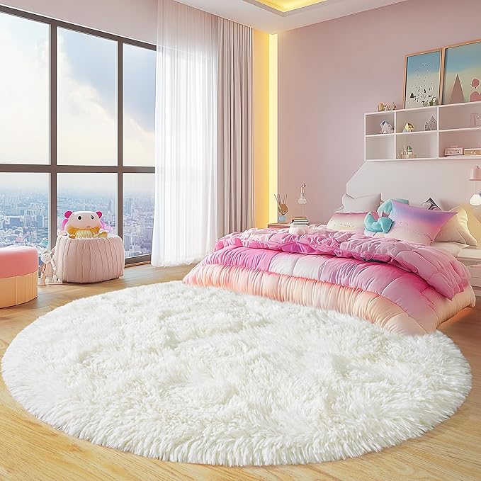 Round Fluffy Rugs 4Ft for Girls Bedroom, Cream White Shag Circle Kids Rug Non-Slip for Bedside Dorm Nursery Playroom, Soft Cute Area Rugs for Living Room Decor
