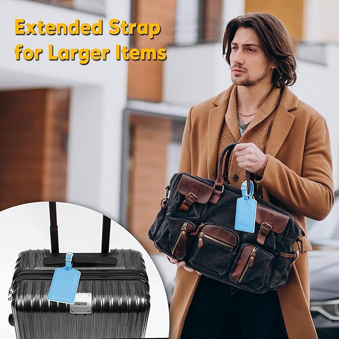 Travelambo 8 Pack Luggage Tags Faux Leather for Suitcases Travel Bag Labels Travel Accessories Essential with Protection Cover ID (Light Blue)