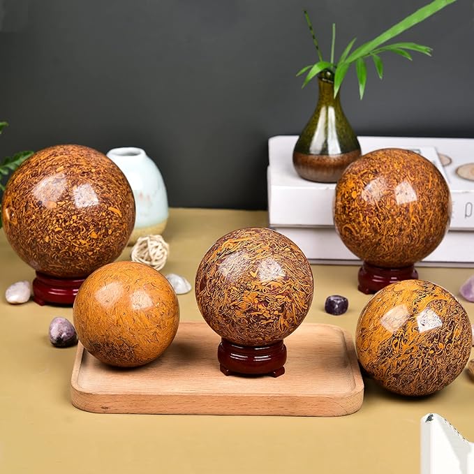 JIC Gem Natural Crystal Sphere Ball with Wooden Stand for Fengshui Golden Jade Healing Crystal Ball Decoation Meditation Energy Reiki Ball (110-120mm)