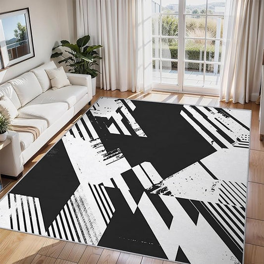 Black and White Rugs for Home Decor, 4x6 ft, Abstract Geometric Area Rugs for Living Room, Soft Non Slip Washable Modern Minimalist Carpet Bedroom Decorations Dt-Ghf-31