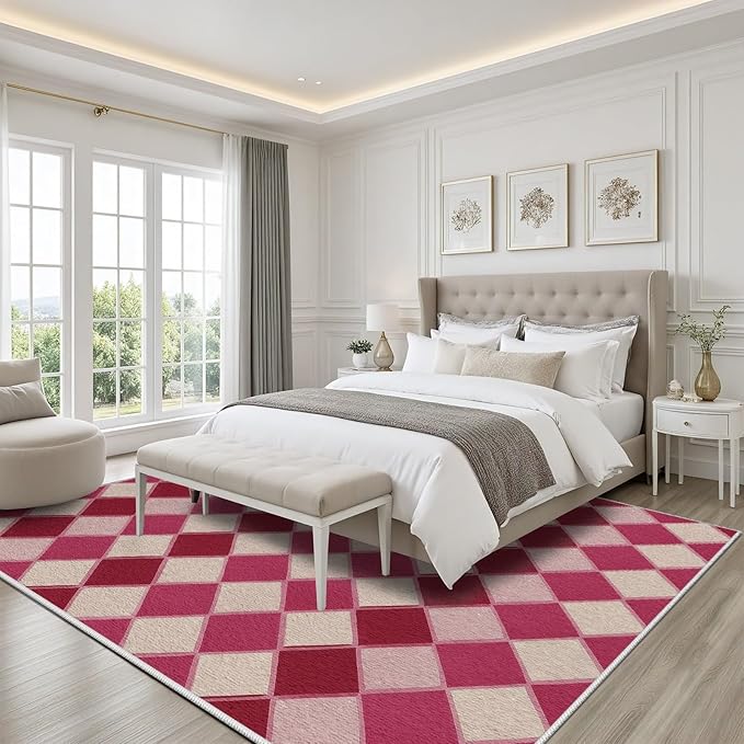 Plaid Rug, Soft Ultra Soft Faux Wool Rhombus Geometric Rugs, Indoor Floor Mats Carpet, Non Slip&Non-Shedding Low Pile Washable Rugs, Modern Red 5x8 Area Rug for Bedroom Home Decor