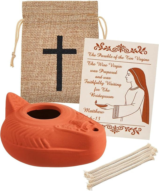 Pinkunn 1 Set Clay Oil Lamp Herodian Olive Oil Lamp for Indoor Use Terracotta Biblical Lamps Ancient Antique Replica for Israel Judaica/Christian Hanukkah Gift Worship Prayer Religious Artifact