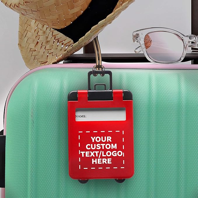 100 Mini Carry-on Luggage Tags Pack - Customizable Text, Logo - Flip Open Cover, ID Sticker - Red