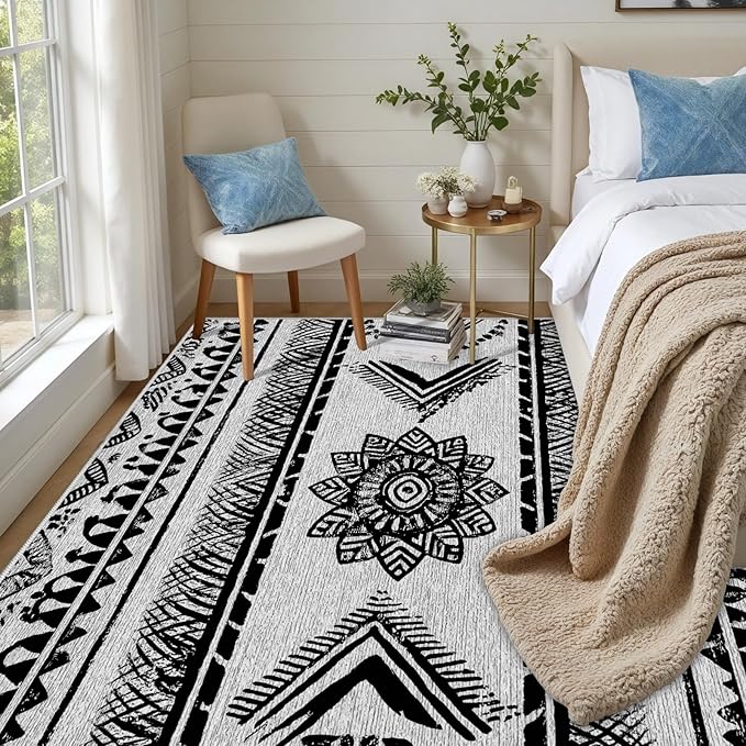 Area Rugs Moroccan for Living Room 4x6, Washable Non-Slip Boho Rug, Neutral Farmhouse Soft Carpet for Bedroom, Kitchen, Dining Room, Entryway, Geometric Print Tribal Carpets, Black and White
