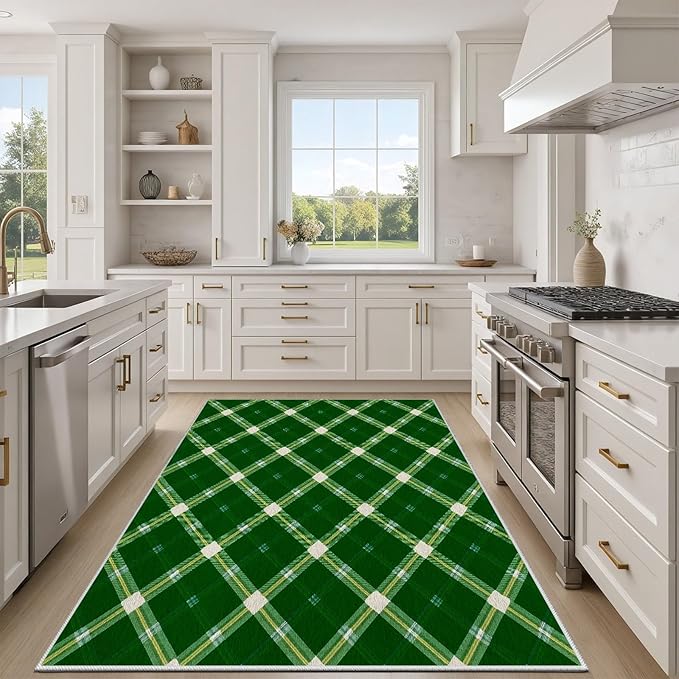 Plaid Rug - 6x9 Rug for Living Room, Geometric Stripes Soft Neutral Indoor Floor Carpet, Non-Slip Stain Resistant Modern Washable Rugs for Bedroom, Green Area Rugs