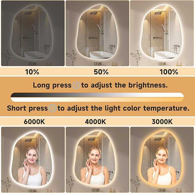 Hasipu Irregular Wall Mirror with Lights- 40"x30" Large Vanity Mirror with Anti-Fog, 3 Color Modes,Dimmable Light, Memory Function, Backlit Wall Mount, Horizontal/Vertical