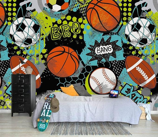 AFZEVEB-Colorful Graffiti Wallpaper Hand-Painted Ball Wall murals for Kids Room 114"x74"(Not Peel and Stick)
