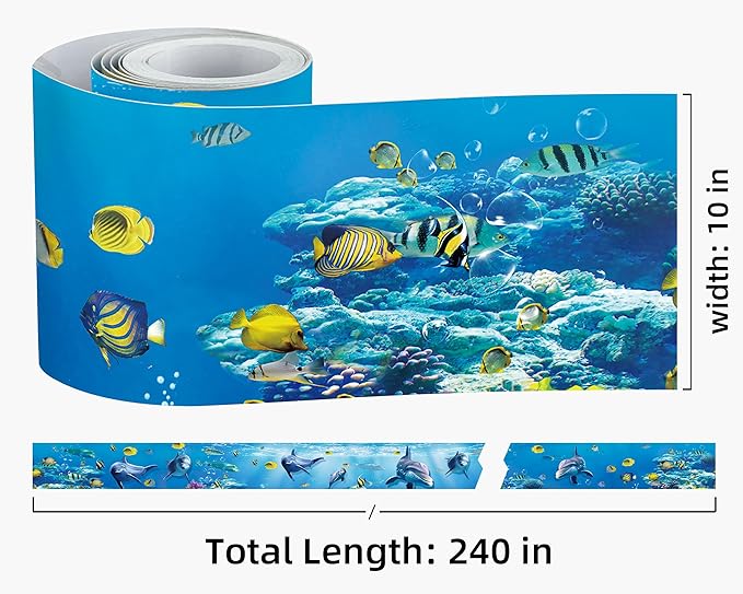 FLFK Peel and Stick Wallpaper Border Wall Decals for Kids Room - Under The Sea Fish Stickers Murals, 10" x 240" (Blue)
