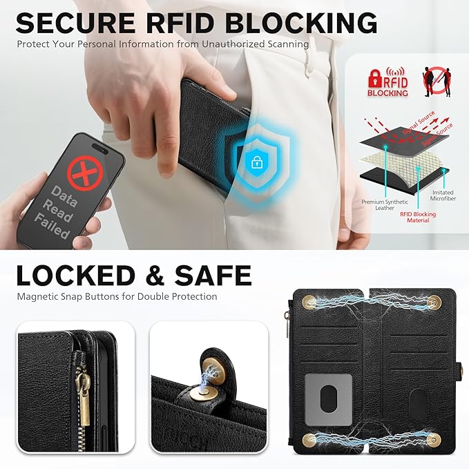 TUCCH Removable Crossbody Case Wallet for iPhone 17 Pro 2025, 9 Card Slot RFID Blocking, Stand, Lanyard, Wrist Strap, Wireless Charging, Zipper Pocket, PU Leather, Magnetic Flip Cover, Textured Black