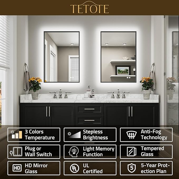 TETOTE 24 x 36 Backlit Bathroom Mirror Brushed Black Metal Frame LED Light Vanity 3-Color White/Warm/Natural Stepless Dimmable Anti-Fog Backlight Mirror Wall-Mounted