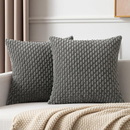 Kevin Textile Set of 2 Soft Striped Velvet Decorative Pillows Covers 16x16 Inch Boho Cushion Covers for Couch 40x40cm Dark Grey
