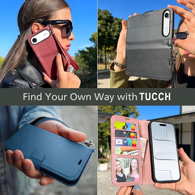 TUCCH Wallet Case for iPhone Air (6.5-Inch) 2025, Wrist Strap | RFID Blocking 4 Card Holders | Stand | Shockproof TPU Shell | PU Leather | Magnetic | Protective Flip Cover | Light Blue