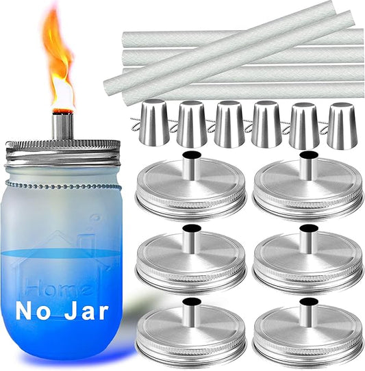 Mason Jar Tabletop Torch Kits,6 Pack Regular Mouth Lids with Protective Tube,Long Life Fiberglass Wicks and Caps,Outdoor Oil Lamp Lights for Home Patio Garden Halloween Christmas Projector Decor