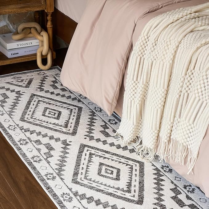 Moroccan Washable Area Rug 3x5, Geometric Tribal Decorative Woven Rug, Non-Slip Boho Farmhouse Soft Low-Pile Area Rug for Living Room Bedroom Nursery Dining Table, Dark Brown/White