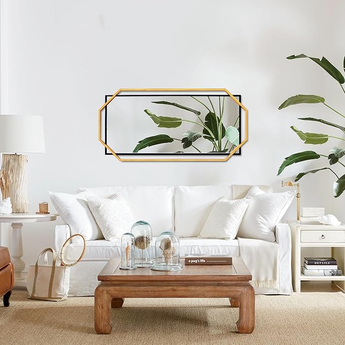 Large Black and Gold Bathroom Mirror, 46.5" x 23" Mirror Wall Decor, Modern Metal Octagonal, Living Room, Bedroom, Dining Room, Entryway