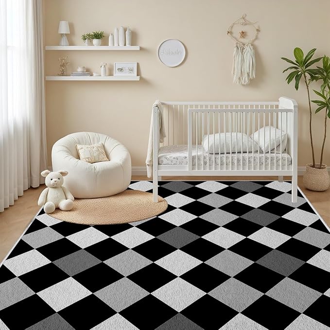 Black and White Rug 3x4, Rhombus Geometric Soft Ultra Soft Faux Wool Low Pile Rug, Indoor Floor Mats Carpet, Non-Slip Stain Resistant Washable Rugs, Modern Abstract Checkered Rugs for Living Room