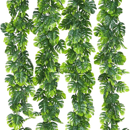 Dolicer 4Pcs Artificial Monstera Leaf Vines, 5.6Ft Fake Hanging Greenery Plants Tropical Palm Leaves Ivy Vine Monstera Garland for Home Garden Porch Patio Hawaiian Party Indoor Outdoor Décor