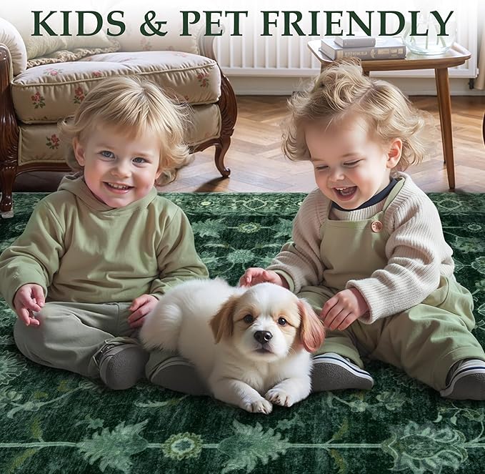 Tangsoo Green 2.6x8 Long Runner Rug Non Slip for Hallway, Washable Vintage Floral Boho Rug Runner for Kitchen Bathroom, Low Pile Carpet Door Mat Indoor Entrance for Bedroom Laundry Pet&Kids Friendly