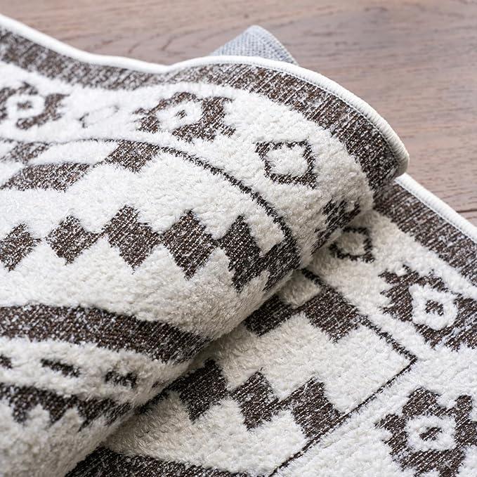 Moroccan Washable Runner Rug 2x6, Geometric Woven Area Rug, Farmhouse Boho Accent Hallway Runner Rug, Non-Slip Soft Low Pile Throw Mat for Living Room Laundry Entryway, Dark Brown/White