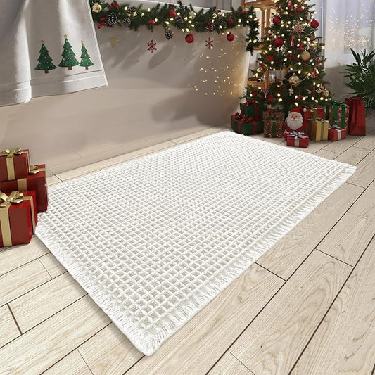 AMOAMI Upgraded Waffle Bath Mat, Super Absorbent Non Slip Bath Mats for Bathroom Floor, Machine Washable Boho Bathroom Rugs with Tassels, Rubber Backed Bathroom Mats, Ultra Soft, 24" x 36"